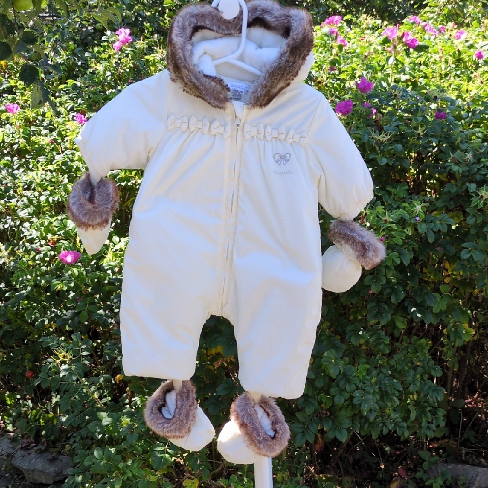 Absorba Cream Baby Snowsuit with Brown Trim